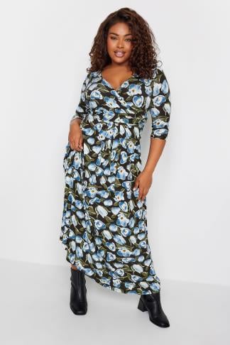 YOURS - Robe Noire Maxi Floral Bleu Cache-Coeur